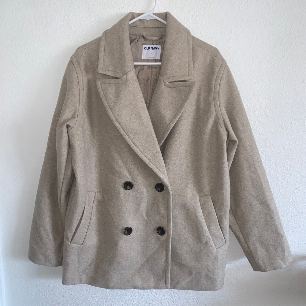 Old Navy Womens Double Breasted Pea Coat Oatmeal Beige Oversized Size L 564682